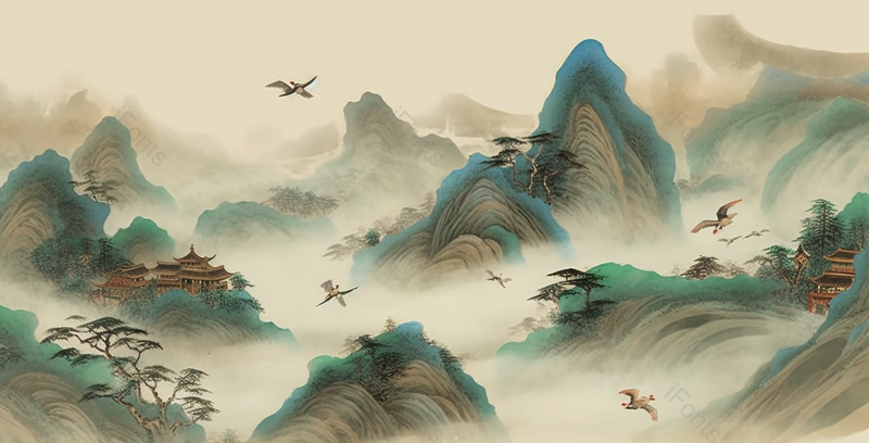 杜鹃鸟盘旋于山顶之上新中式淡彩中国风水墨画背景,插画/手绘图,插画/手绘图库,插画/手绘图下载,插画/手绘
